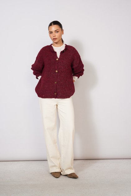 Crew Neck Buttoned Melange Knitwear Cardigan Burgundy Melange