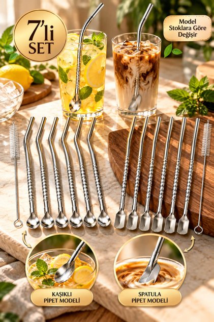 7'li Paslanmaz Çelik Kaşıklı Metal Pipet Seti 6 Adet Pipet ve Temizleme Fırçası