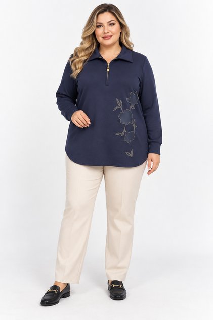 Collar Zipper Detail Large Size Knitted Modal Sweatshirt Navy Blue