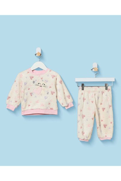 Infant Girls Ivory And Pink Heart Pyjama Set