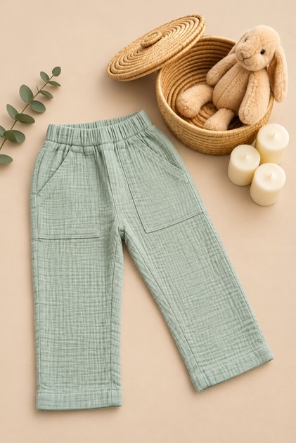 100% Cotton Muslin Children's Pants Girls Boys Unisex | Comfortable Cut Summer - Spring Trousers with Elastic Waist Pockets | 3 Colors | 1-2-3-4 Years Old