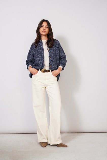 Crew Neck Buttoned Melange Knitwear Cardigan Blue Melange