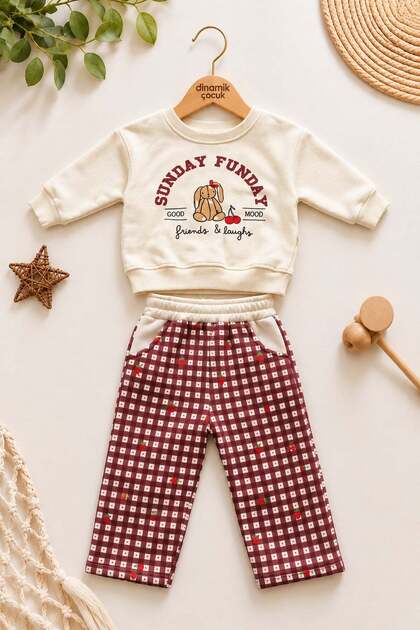 Girl baby 3-thread fleece rabbit print strawberry patterned plaid tracksuit 2-piece set winter 6-24 months