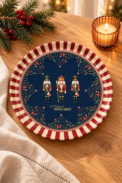 Metal Fruit Plate 26 cm Navy Blue New Year Themed Nut Presentation Plate with Soldier Figure