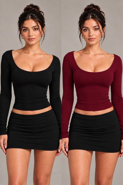 Women's Wide Collar Long Sleeve Boday Blouse Lycra Body-Fitting Stretchy Basic Top