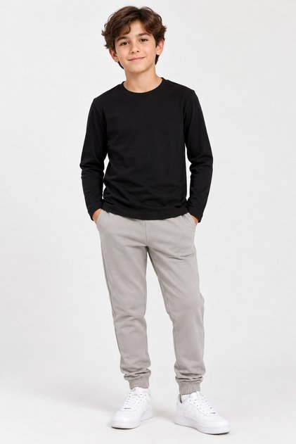 Kids Boy's Black 100% Cotton Crew Neck Long Sleeve Basic T-Shirt