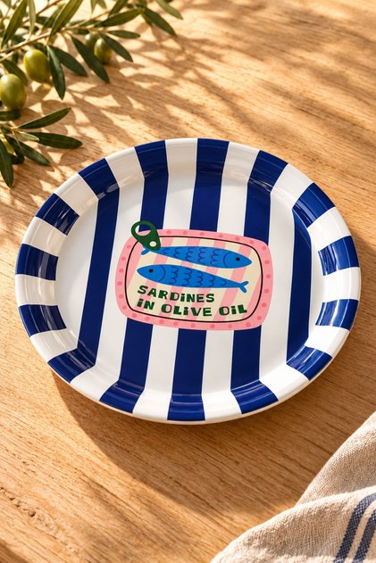 Metal Fruit Plate 26 cm Navy Blue Striped Sardine Patterned Nut Presentation Plate