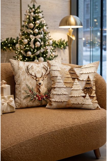 Digital Printed New Year Throw Pillow Cover. Deer Christmas Patterned Double-Sided Use 43X43Cm Set of 2