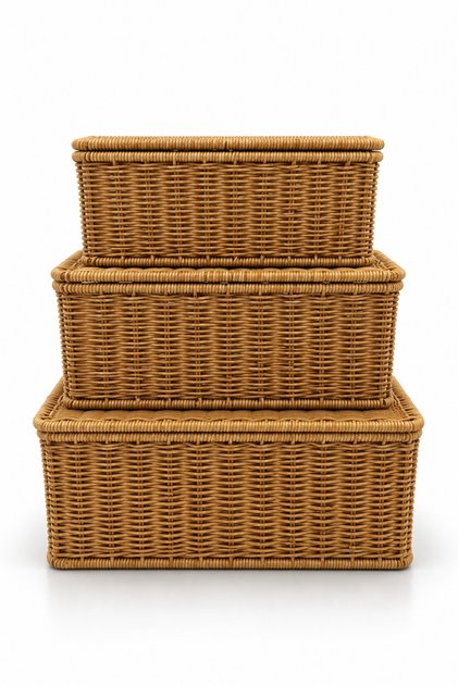 Rattan Look Set of 3 Rectangular Storage Boxes and Organizer with Handles and Lids - Bohemian, Basket, Organization