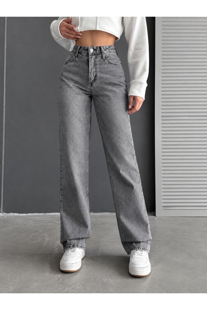 Pantaloni din denim pentru femei, cu talie înaltă, croială dreaptă, afumati