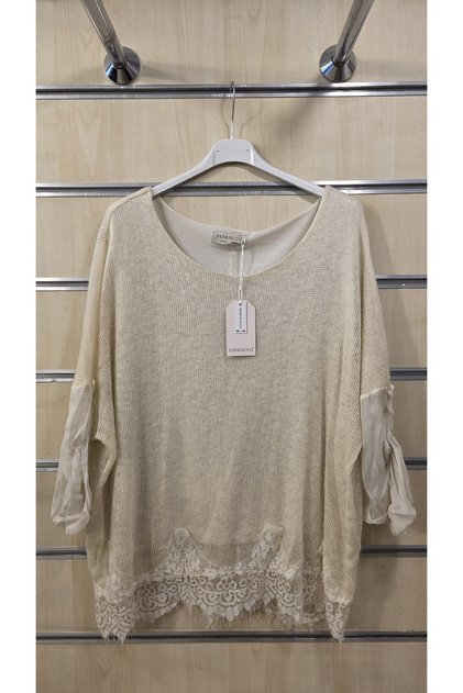 Italian Knitwear Blouse with Silk Lace Detail on Sleeves
