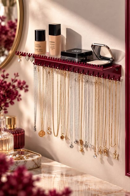 Cherry Rot 🍒 Esila Metal Jewelry Holder Wall Mount Jewelry Hanger Jewelry Stand Bracelet Necklace Hanger Jewelry Organizer with Shelf Necklace Organizer with Shelf Makeup Organizer with Shelf Perfume Stand