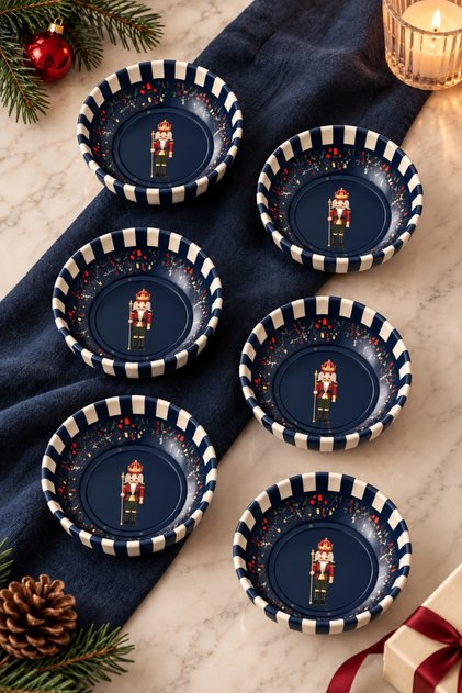 Set of 6 Metal Snack Bowls 10 cm Navy Blue Christmas Themed Nut Bowl with Soldier Figures