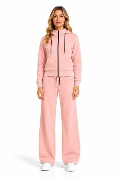 Women's Cotton High Collar Hooded Zippered Tracksuit Set Salmon-107