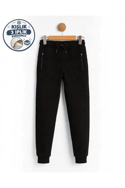 Boys' Cotton Winter 3-Strand Ribbed Sweatpants – with Zipper Pockets |   Comfortable Sports Bottoms for School