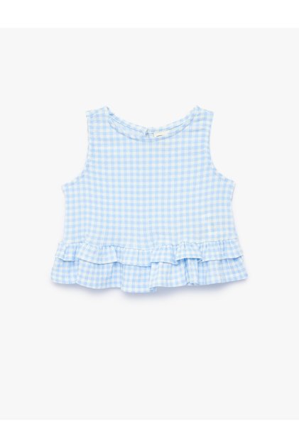 Ruffle Detailed Sleeveless Crew Neck Gingham Tank Top