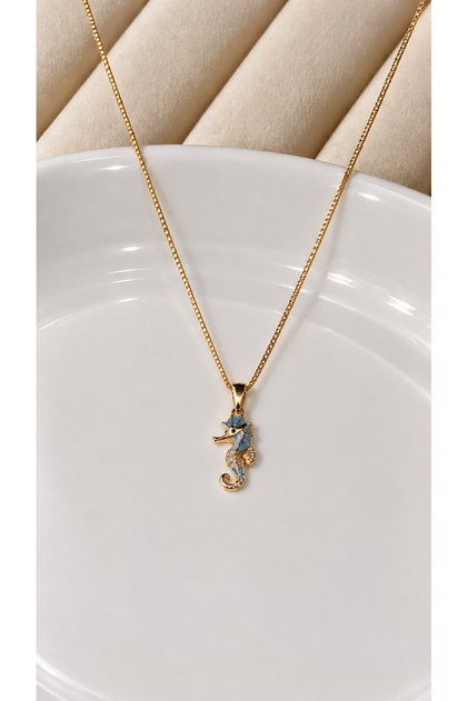Gold Plated Blue Enamel Seahorse Figured Stylish Necklace