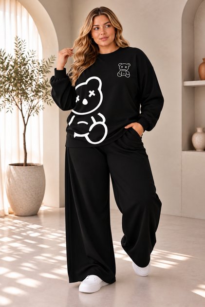 Women's Plus Size Teddy Bear Printed 2-Piece Set – Oversized Crew Neck Sweatshirt and Wide-Leg Pants Comfortable Casual Combination