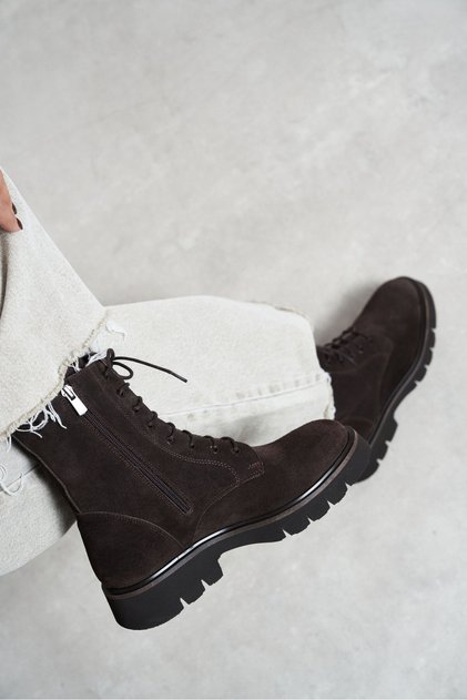 Tempest Bitter Brown Suede Genuine Leather Lace-Up Zipper Detail Thick Sole Women's Boots