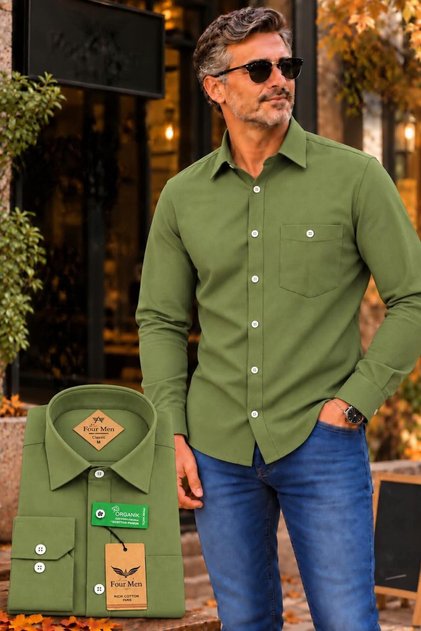 Men's Classic Wide Cut Long Sleeve Pocket Plain Cotton Shirt