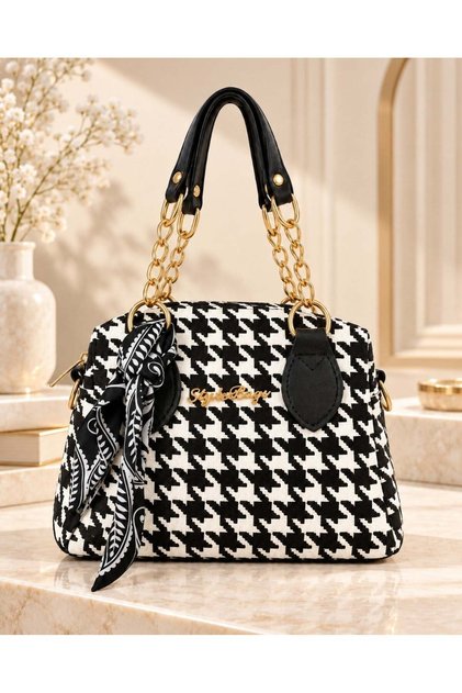 Savanna Bag with Houndstooth Pattern, Chain and Scarf Detail, Women's Bag