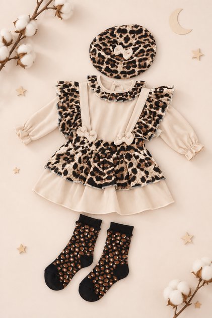 Kız Bebek Leopar Desenli 4'lü Takım