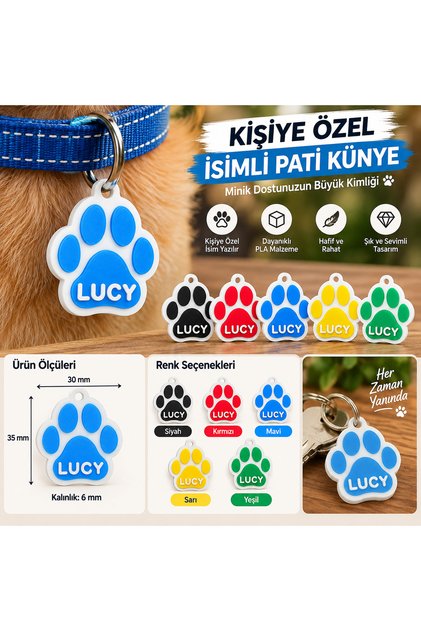 Dexniva Kişiye Özel İsimli Kedi ve Köpek Künyesi – Pati Tasarımlı Tasma İsimliği, 3D Baskı PLA, 5 Renk Seçeneği