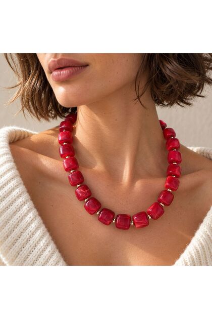 KLY-1076 Bordo Mermer Desenli İri Kare Boncuklu Chunky Kolye | Eos Kolektif