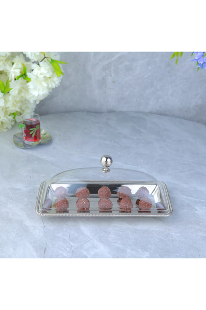Stainless Steel Tray with Acrylic Cover Luxury Design - Silver & Transparent - 13X13X15 cm
