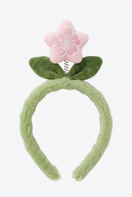 Pink Floral Figured Spring-Loaded Green Plush Hair Crown - Fun Makeup and Face Washing Hair Accessory