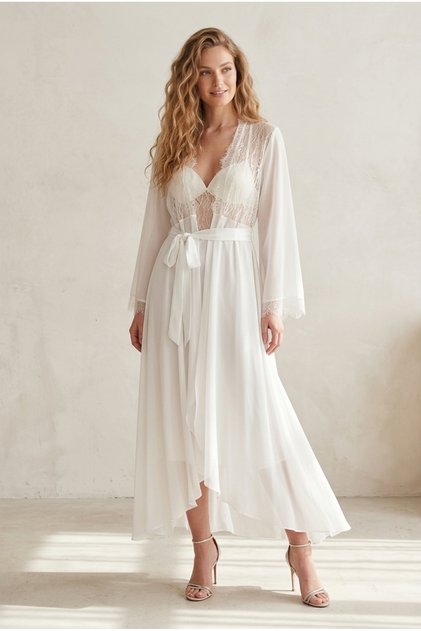 Women's White Lace Detailed Long Belted Dressing Gown Nightgown Elegance Series Dowry and Honeymoon Compatible
