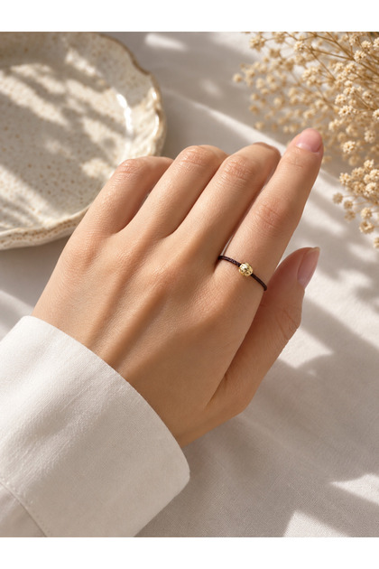 Brown Rope Striped Gold Bead Adjustable Ring