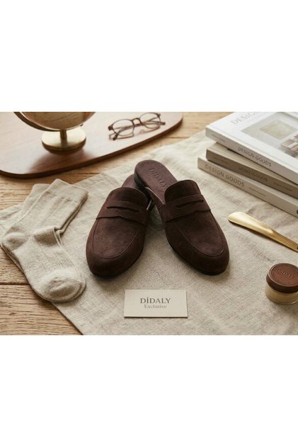 Dark Brown Suede Men's Guest House Dowry and Groom Slippers