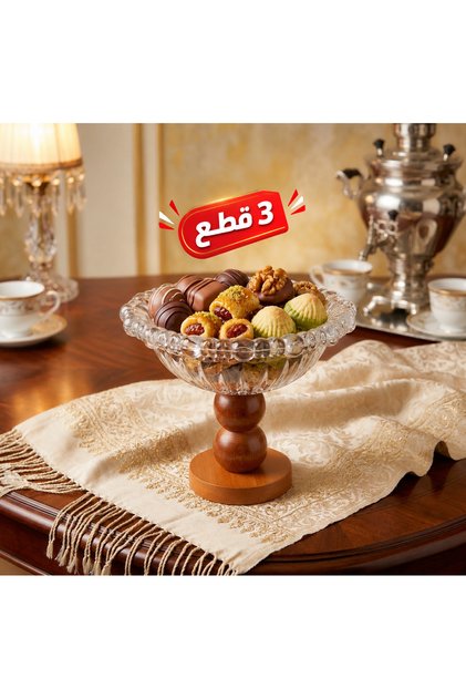 ثلاثه صحون (طقم) تقديم حلويات ومكسرات زجاج بقاعدة خشبية.