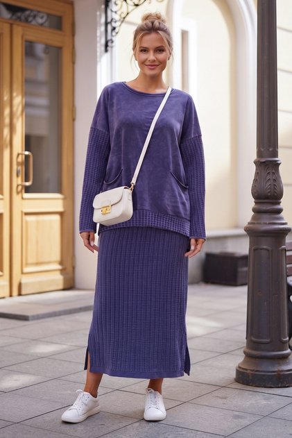 Purple Crew Neck Pocketed Double Set Elastic Waist Jacquard Knitwear Top and Bottom Set 68-90 74-75