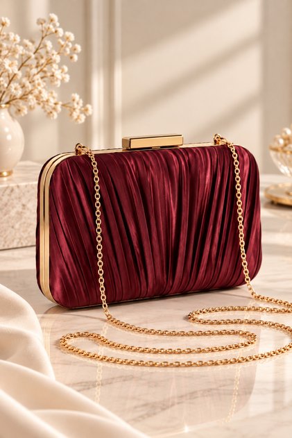 Kadın Özel Model Bordo Pilse Desenli Abiye Çanta , Gece Düğün Nişan Abiye Çantası