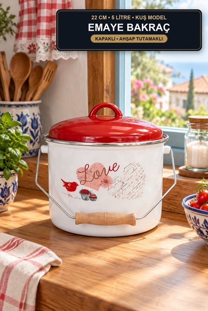 Enamel Bakraç 22 cm 5 Liter Bird Model Pot with Lid and Wooden Handle for Milk and Yogurt