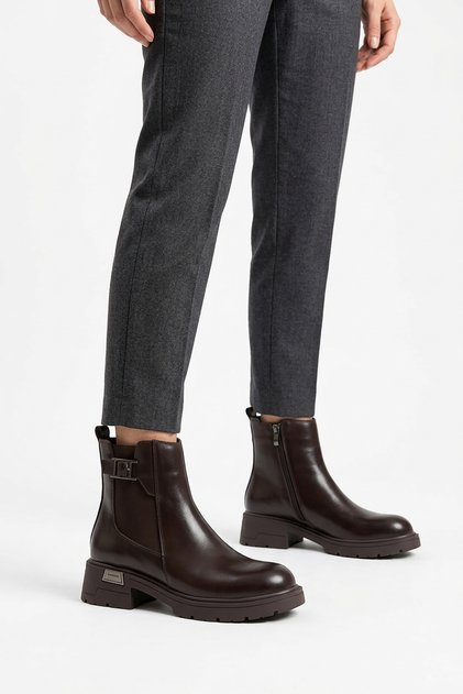 Hulemer genuine leather women's classic everyday boots with side elastic buckle - coffee tan