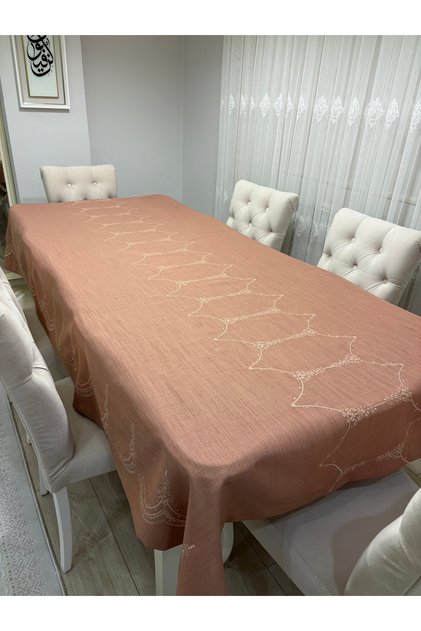 Embroidered Linen Textured Seamless Tablecloth 240X150