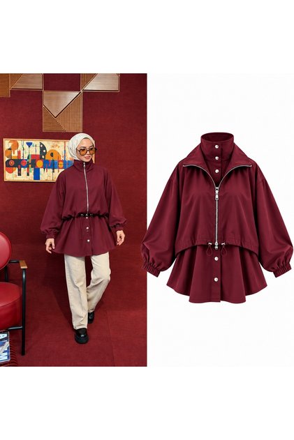 Women's Two-Piece Look Zippered Gathered High-Neck Jacket / Tunic
