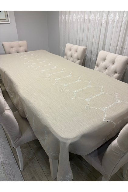 Embroidered Linen Textured Seamless Tablecloth 240X150