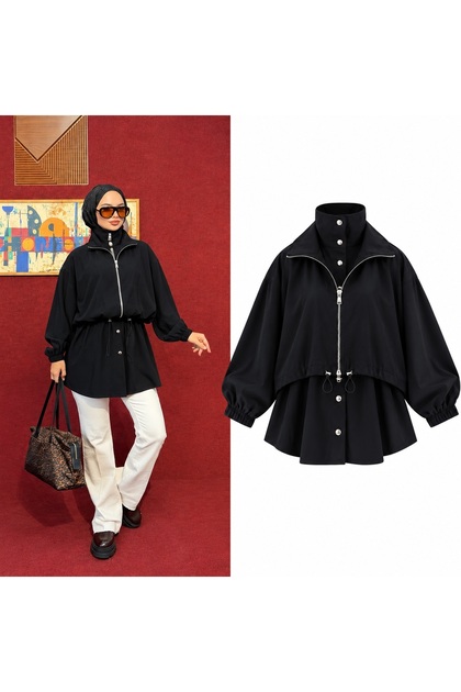 Women's Two-Piece Look Zippered Gathered High-Neck Jacket / Tunic