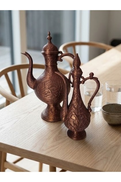Osmanlı Motifli 2'li Dekoratif İbrik Biblo Seti – Bronz Görünümlü 3D Baskı Ev ve Ofis Dekoru