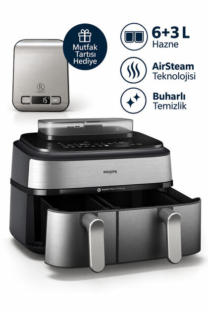 5000 Çift Hazneli Steam Airfryer 6+3 L Hazne AirSteam Teknolojisi Mutfak Tartısı Hediye