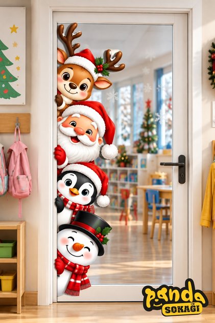 Yılbaşı Kapı Süsü Sticker Noel Baba Geyik Penguen Kardan Adam Dekoratif Kapı ve Cam Stickerı 130x35 cm