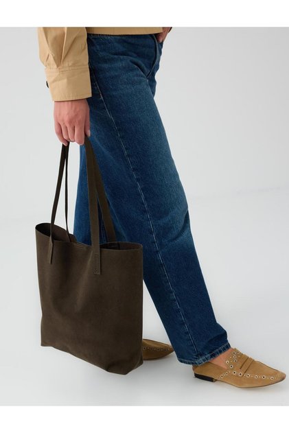 Khaki Suede Look Shoulder Bag with Magnet Closure