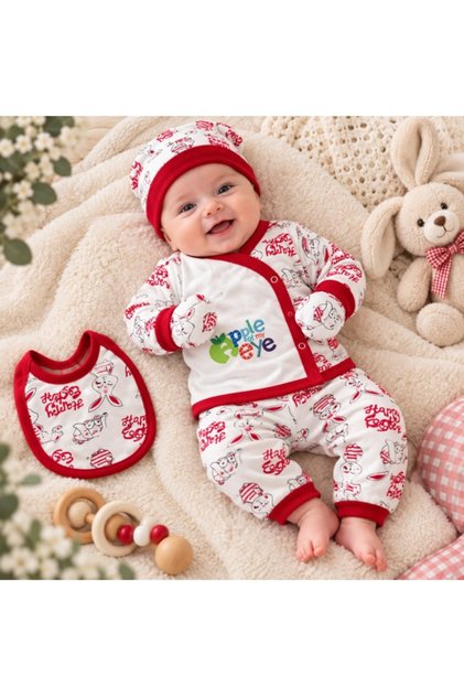 Set nou-născut bebe 5 piese, alb cu roșu, imprimeu iepurași, bluză, pantaloni, căciuliță, bavetă și mănuși