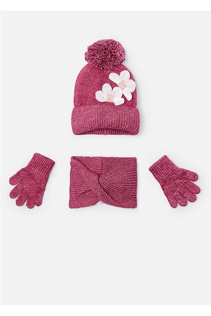 Girl's Floral Scarf, Beret and Glove Set Pink 10071