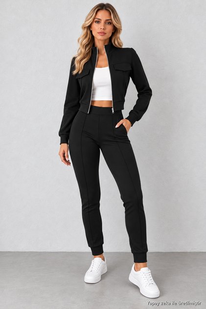 Women's Long Sleeve Stand Collar Front Zipper Pocket Detailed Short Modal Jacket and High Waist Slim Fit Pants Two-Piece Set Casual Stylish Sports Set