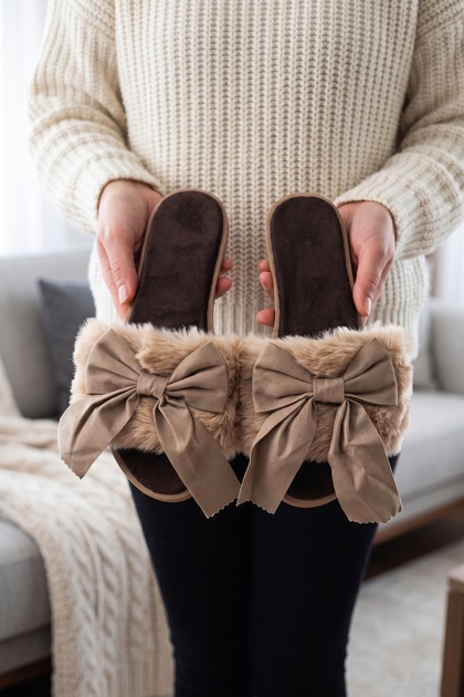 Women's Mink Plush Furry Big Bow Home Slippers - Soft Sole Comfortable Indoor Slippers
